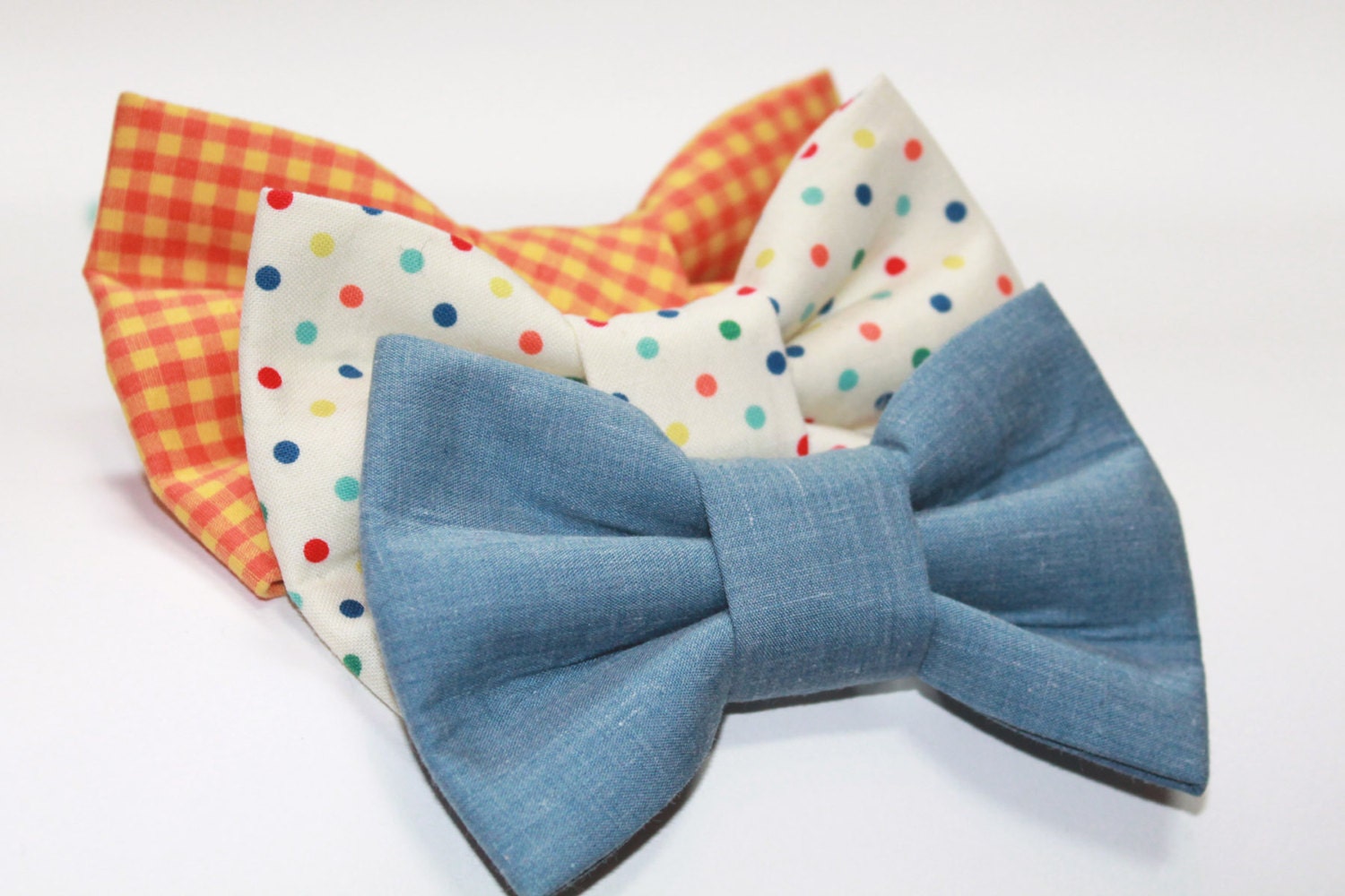 Dog bow ties- retro fun colors- dog collar accessory- gingham, polka dots, chambray bow ties- wedding bow tie for dogs