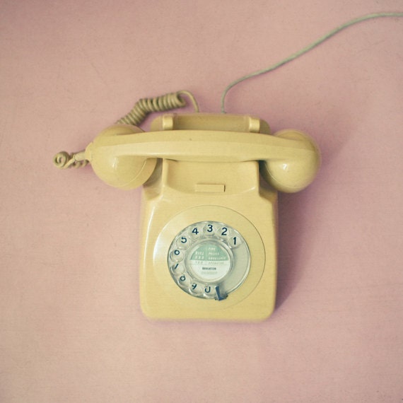 Hello - Still life photography, vintage style, rotary phone, pastel pink and mustard yellow, mad men, feminine wall decor 8x8 Print