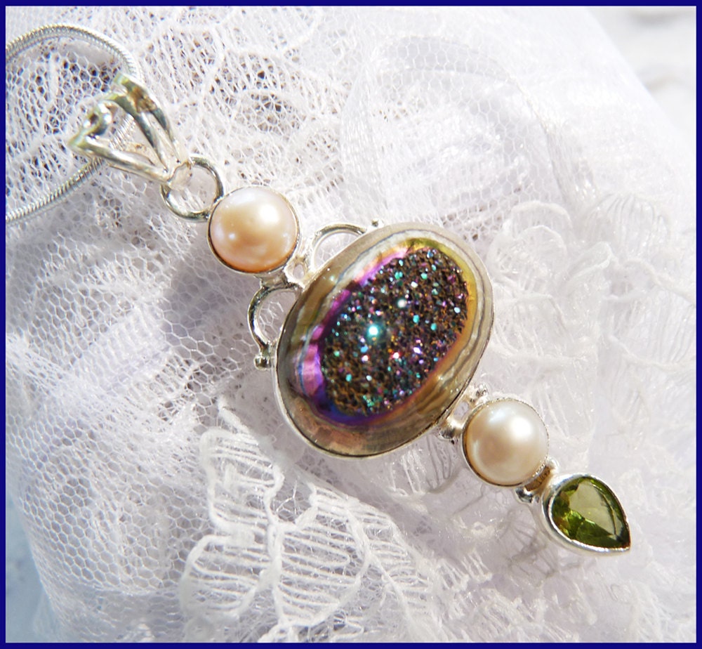 Titanium Druzy - Pearl - Peridot - Necklace  DD 8788