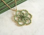 Spring Fashion - Green, Gold Beaded Flower Pendant in Tatting - Aster