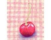Gingham Cherry - ORIGINAL Colored Pencil Drawing - Gingham Checks - Small Kitchen Food Art