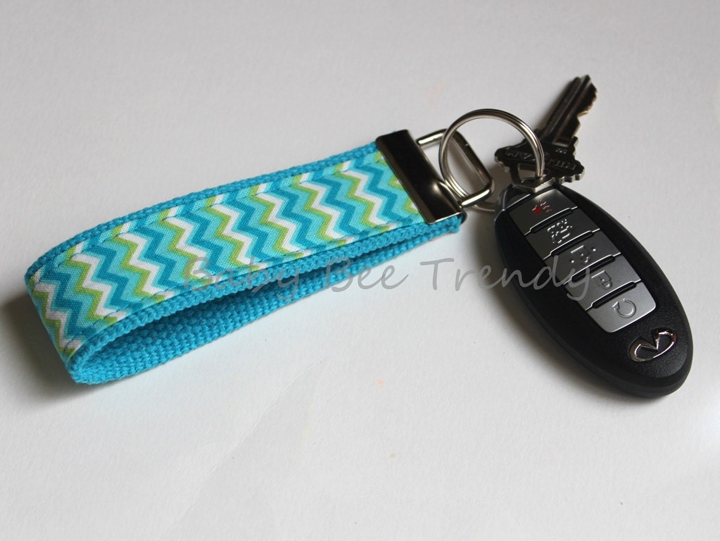 Ready To Ship... Medium Key Fob Wristlet Key Chain -- Turquoise and Lime Green Zig Zag Chevron on Turquoise