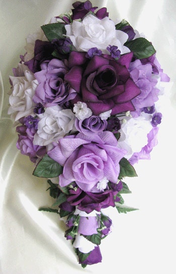 Wedding bouquet Bridal Silk flowers Cascade Plum PURPLE LAVENDER WHITE Decorations Bridesmaids boutonnieres Corsages 21 pc package