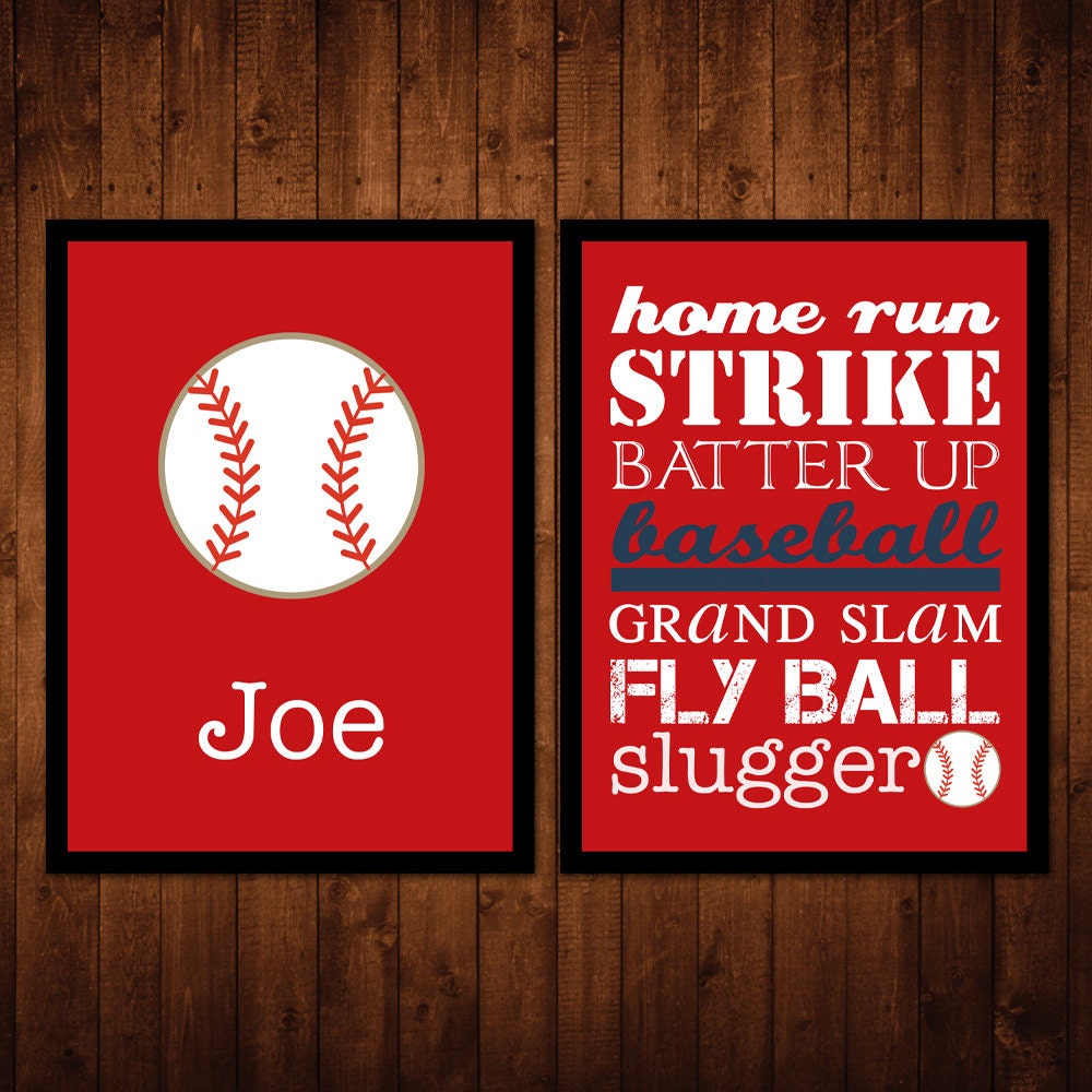 8x10 Baseball Wall Art Package - Set of 2 - custom name & subway prints - red