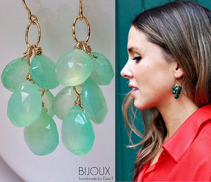 Aqua Blue Chalcedony Cluster Earrings - 14K Goldfilled....