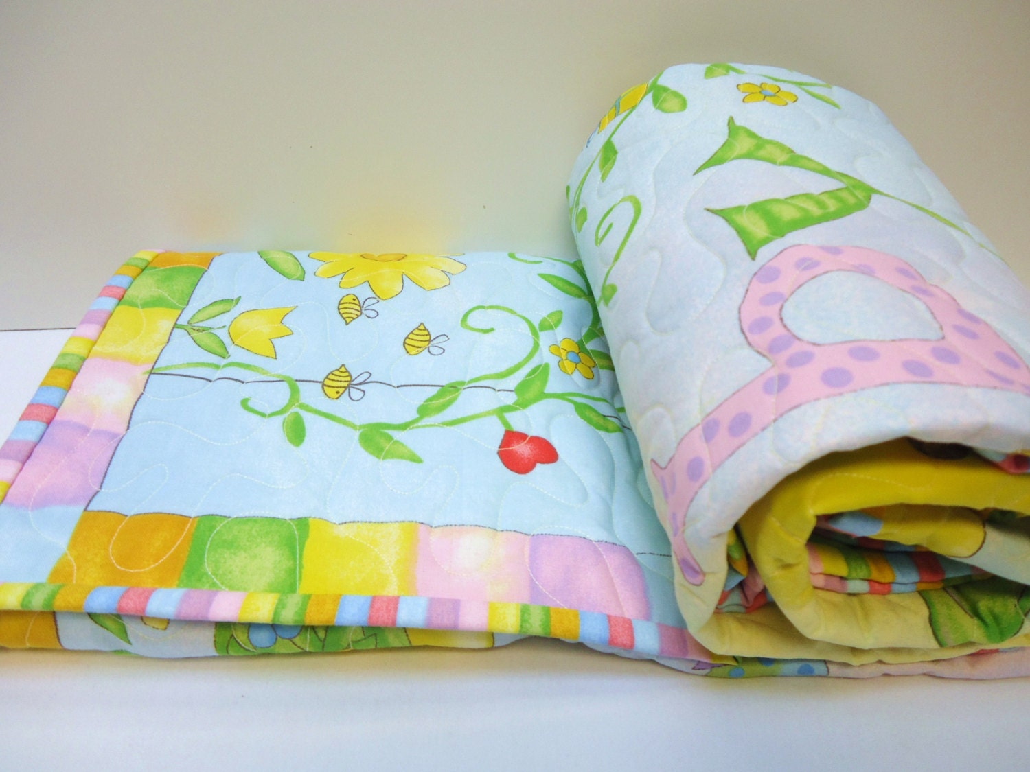 Small Quilt Baby Quilt, Birds and Hearts, Baby Bedding Quilt, Whimsical Easter Baby Quilt