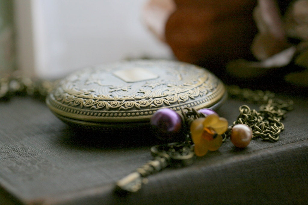 Round Locket Necklace, Large Gold Locket, Yellow, Skeleton Key, Pearls, Purple, Flower Locket,  Gold Key Locket, Vintage Inspired    - Thia