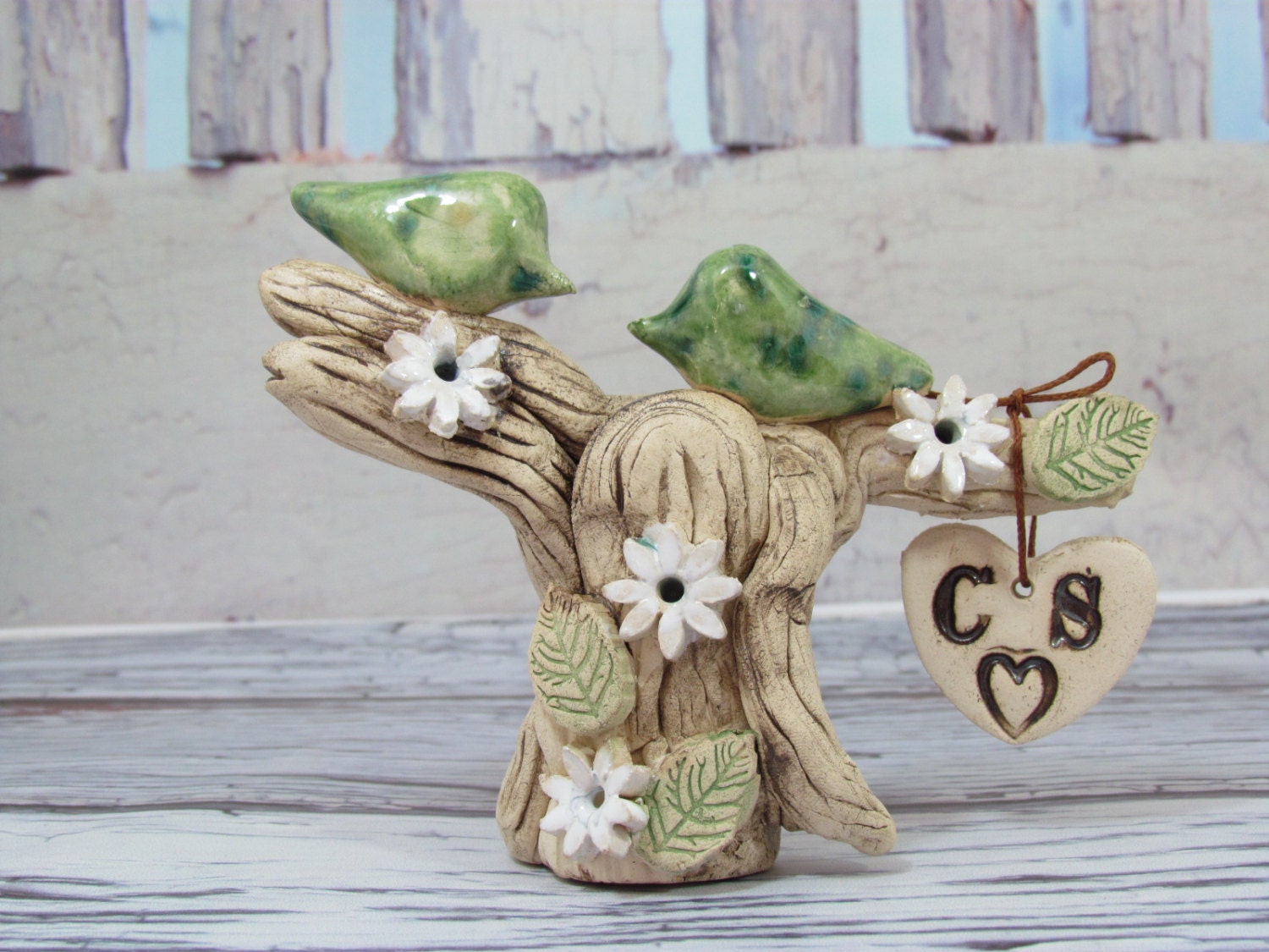 Tree Wedding cake topper Ceramic pair of love birds on a sculptured tree of love Initials wedding cake topper Bride and groom