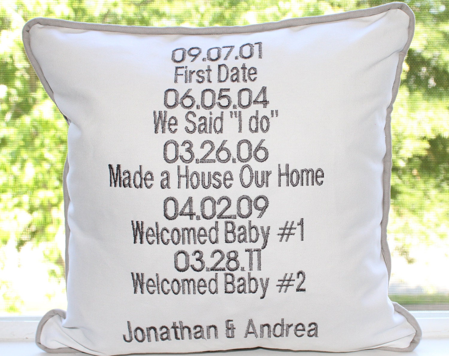 Milestones Dates Personalized Pillow Cover 16" x 16" White Cotton Fabric with Gray Embroidery Gray Piping