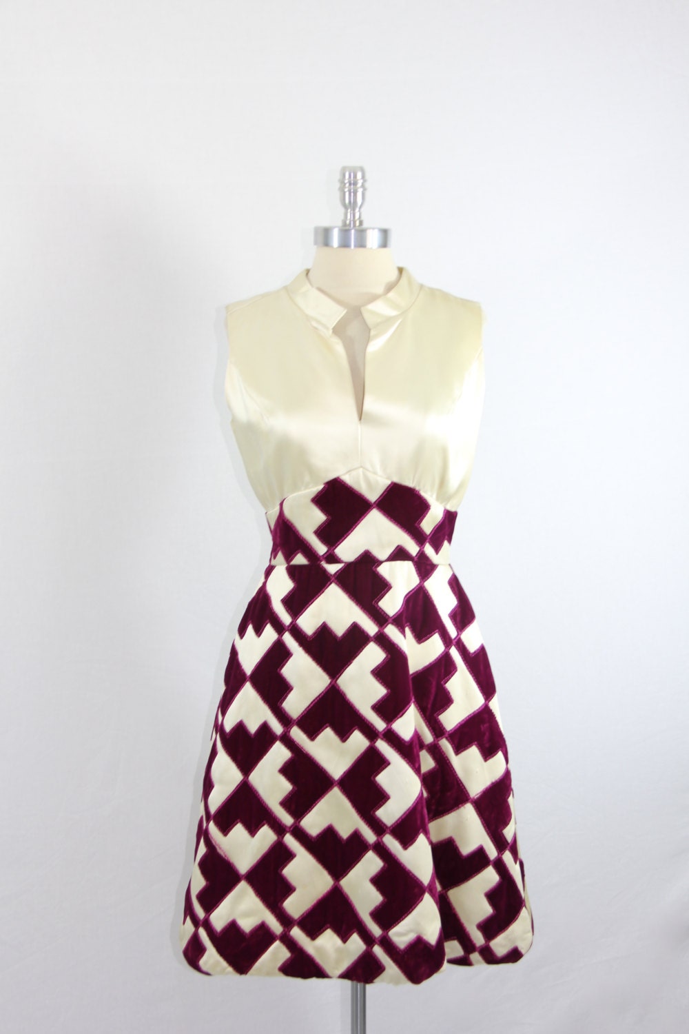 1960's COUTURE Vintage Dress - Bellciano New York Early 60s Mod Ivory Satin and Purple Velvet Geometric Mini