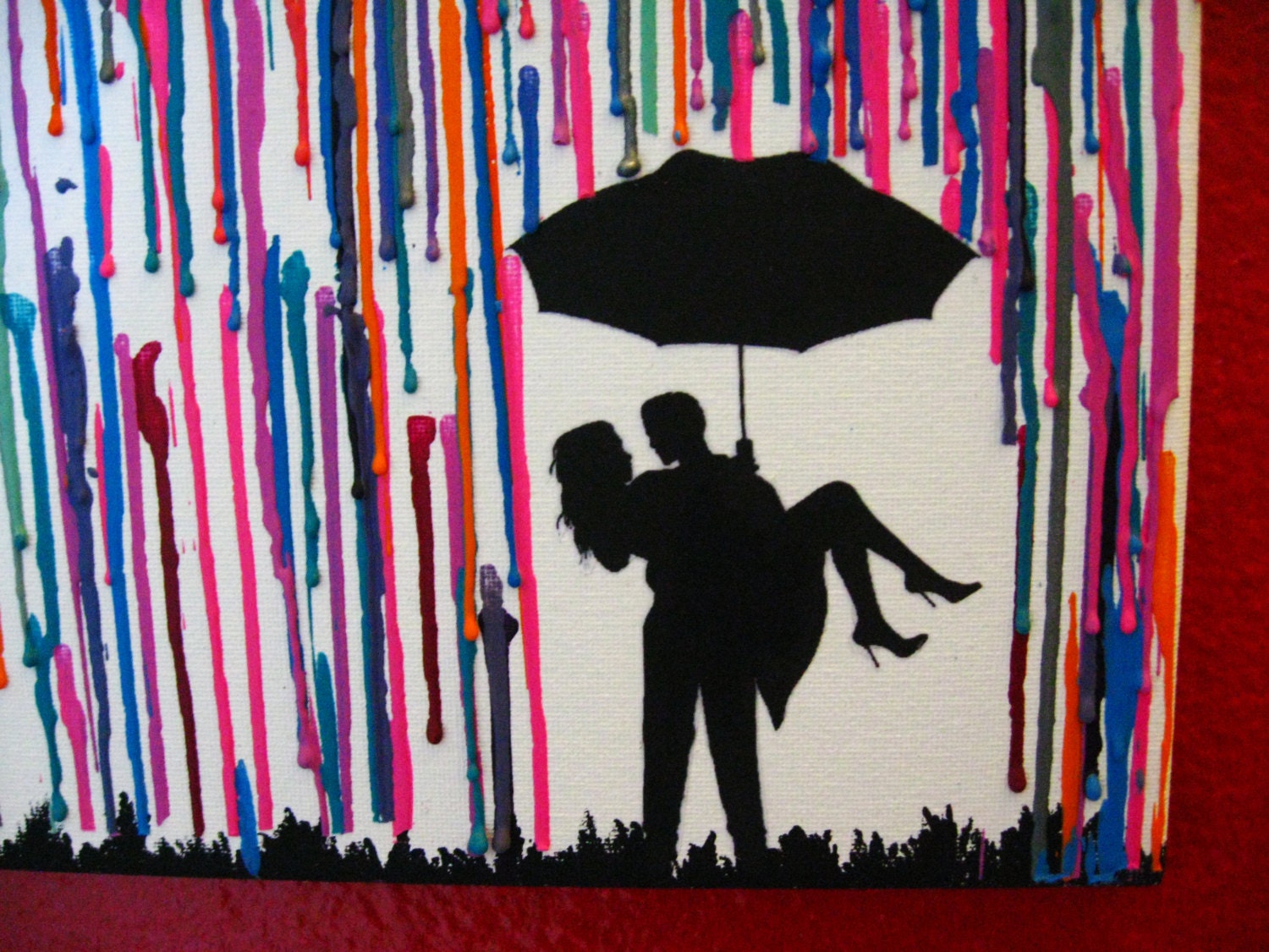 Handmade Encaustic Wax Painting - Couple in the rain - Melted Crayon Art - Pink, Blue, Orange, Purple - 16x20