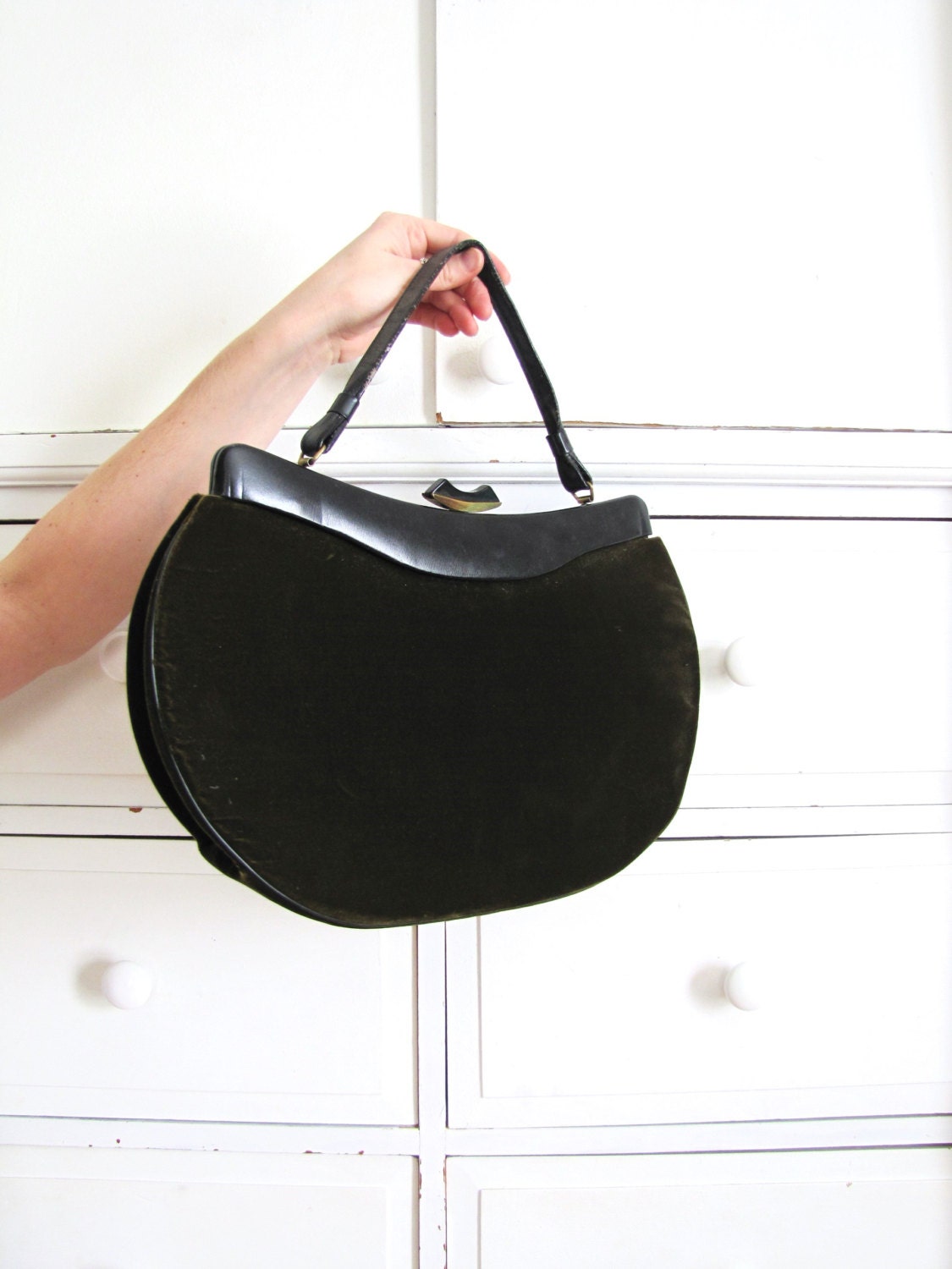 Velvet Handbag / 1950s Purse / Dark Green Purse / 50s Purse
