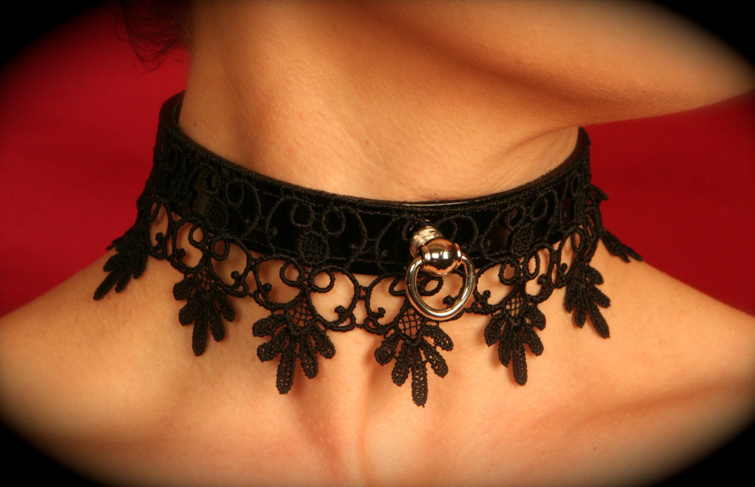 Liquid Nymph PATRICE Bondage Collar Black Patent Leather Collar with filagree lace