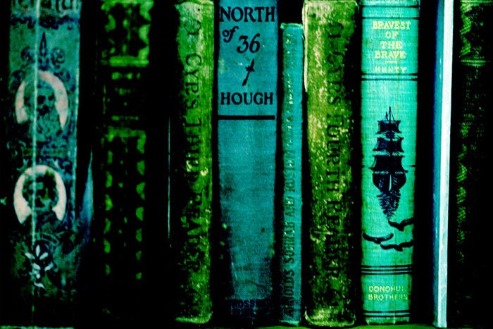 Still Life Photography 8x10 Vintage Books in a Row blue green teal turquoise aqua - home decor