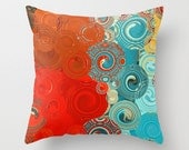 Throw Pillow 20" x 20" Turquoise and Red Abstract