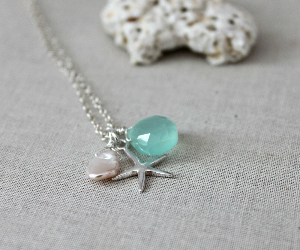 Starfish Necklace Charm Necklace Beach Jewelry Apple Green Chalcedony on Sterling Silver Chain, Gift Under 50