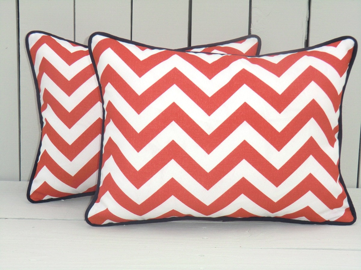 Coral outdoor pillow cover, chevron lumbar cover 16x12, chevron outdoor pillow, coral outdoor lumbar, coral oblong pillow with blue piping