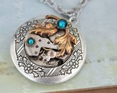 EVERGREEN antiqued silver steampunk watch movement photo locket necklace with petite leaf charm and Swarovski rhinestones