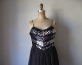 vintage 1970s to 1980s dress / joy stevens black silver sequins chevron stripe spaghetti straps chiffon maxi disco