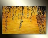 Original landscape Painting, Contemporary Sunset Lake Fine Art, Willow Treee Abstract by Henry Parsinia Large 36x24