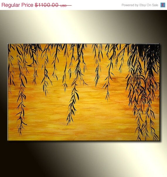 Original landscape Painting, Contemporary Sunset Lake Fine Art, Willow Treee Abstract by Henry Parsinia Large 36x24