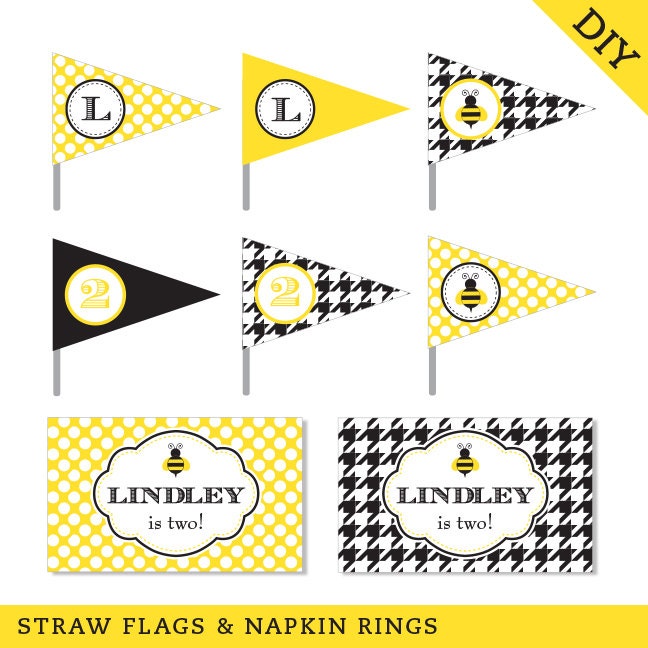 Bumblebee party - Personalized DIY printable straw flags and napkin rings
