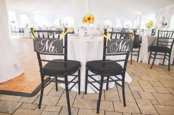 Mr. and Mrs. Chair Signs with Thank You on the back. 6 x 12 inches, Crisp Paint, 2-sided, Wood Wedding Chair Signs, Photo Props.