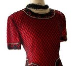 Memorial Day Sale Red vintage trophy shirt, beaded Valentine's day top, retro 80's dynasty, Hollywood glam, romantic party shirt, true rebe