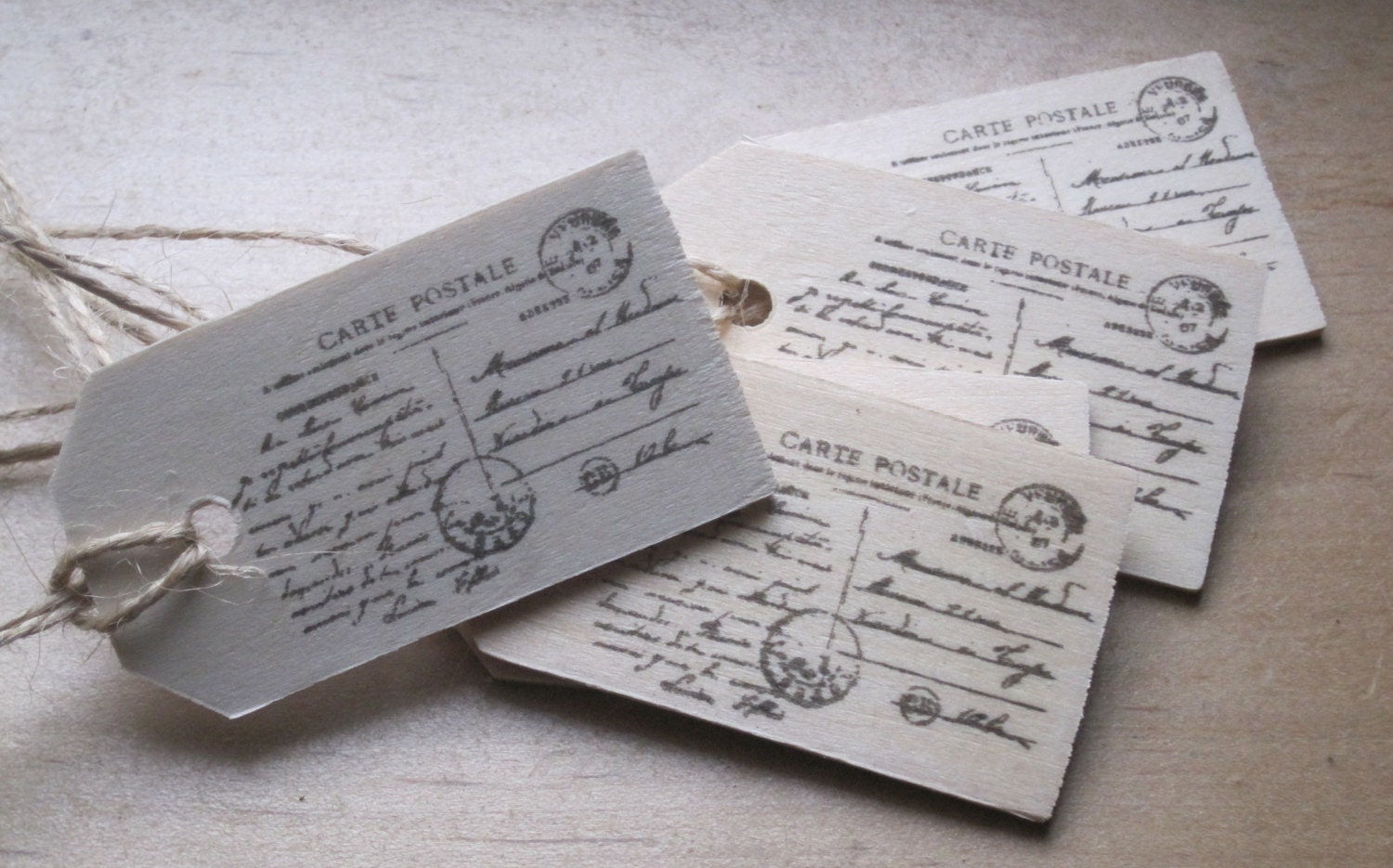 NEW petite  french market carte postale wood tags set of 5