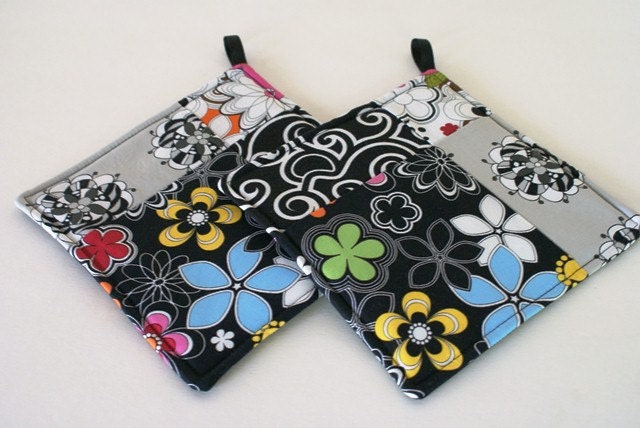 Modern Quilted Potholder Set - Black White & Brights