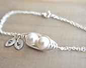 Personalized 2 Peas in a Pod Bracelet wrapped in Sterling SIlver Wire - Choose your Initial and Pearl Color - Mom, Mother, Mother's Day