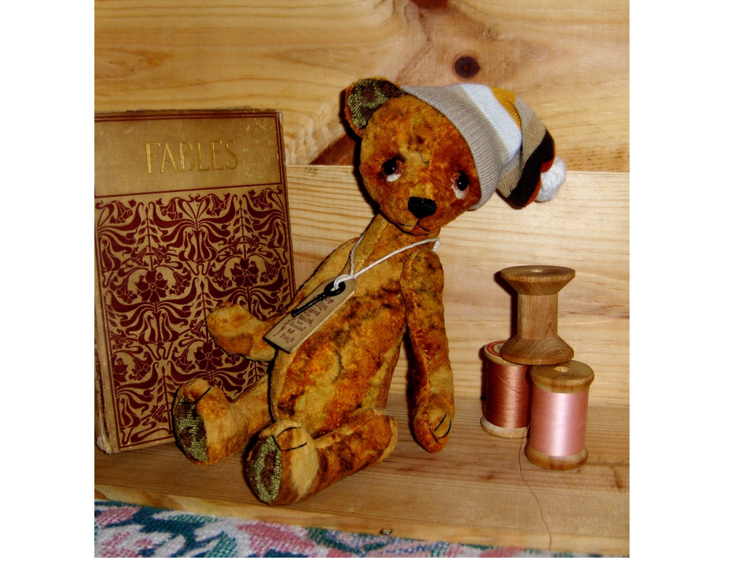 Primitive Teddy 11inch Lenny, jointed,vintage viscose, shoe button eyes,vintage key and tag, OOAK