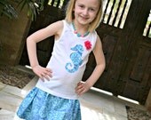 AQUA SEAHORSE Appliqued Skirt and Shirt Set with Pink Rosette Flower Sizes 18m-6T handmade by sweet threads
