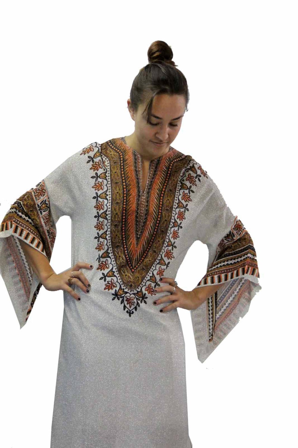 SALE - Silver Lame Vintage Dress Hostess Maxi Ethnic Egyptian w Angel Sleeves