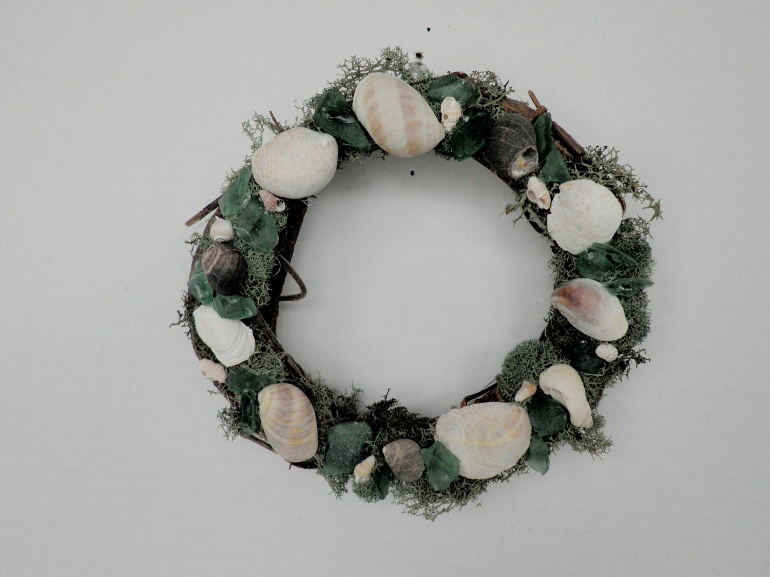 Seashell Wreath With Green Moss And Sea Glass