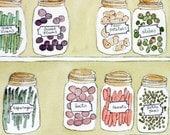 Its Canning Time, original watercolor, vegetables in jars, pen and ink, harvest, greens, whimsical, kitchen art