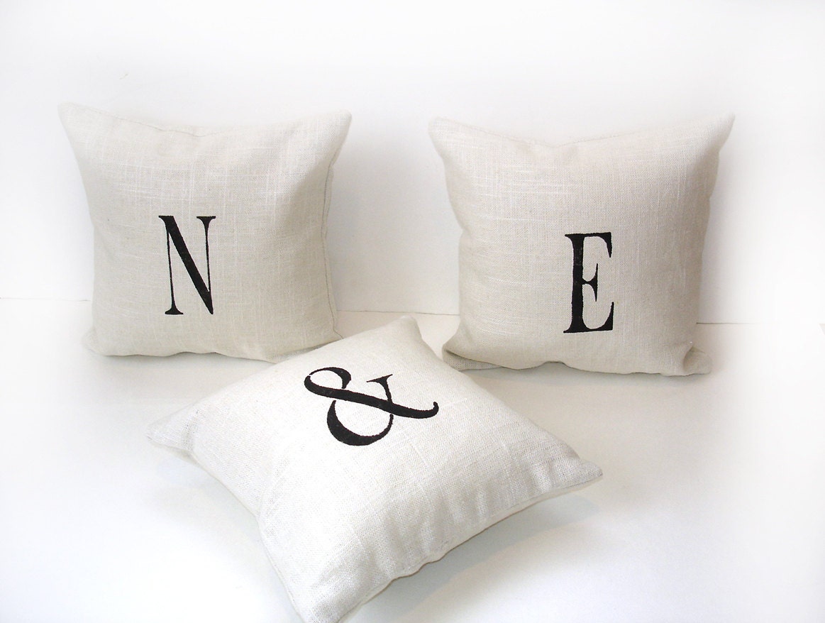 Linen stenciled initial pillow set, black on white letter typography personalized modern Spring home customizable