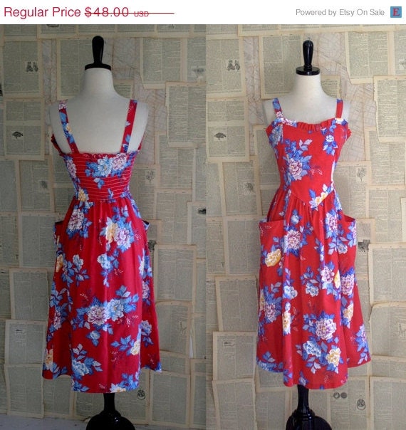 SALE Vintage Sun Dress Red Floral Strappy Exposed Back Dress 1970s 1980s Womens Size Small