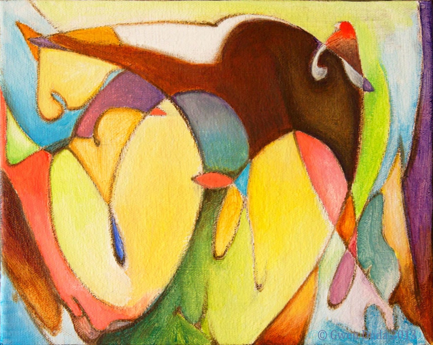 Abstract Nature Painting Acrylic 8 x 10 Original Yellow Brown Green Blue Red Multi-colored Birds Animals