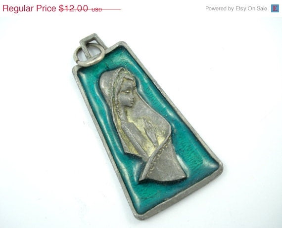 On Sale 25% Off Vintage Blue Enamel Virgin Mary Pendant - LARGE Catholic Medal  - LL52