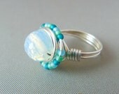 Faceted Opalite with Multicolored Blues - Wire Wrapped Ring - Silver Plated Wire