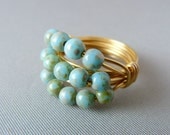 Robin's Egg Blue and Picasso Wire Wrapped Ring - 24K Gold Plated Wire