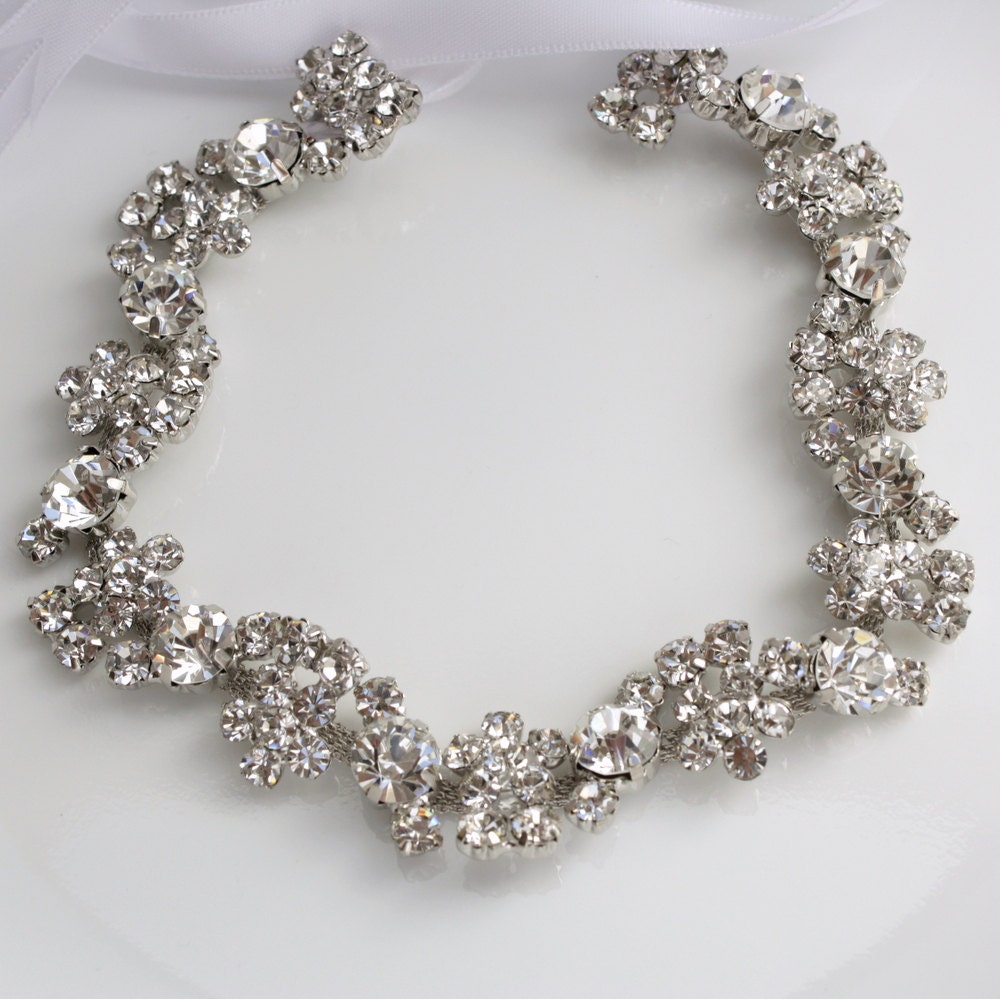 Floral Crystal Bridal Wedding Headband Rhinestone Hair Accessories Bridal Hair Piece White Ribbon