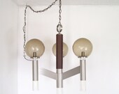 vintage swag lamp haging light ceiling mounted lighting chrome wood glass globes mid century modern retro smokey brown acrylic