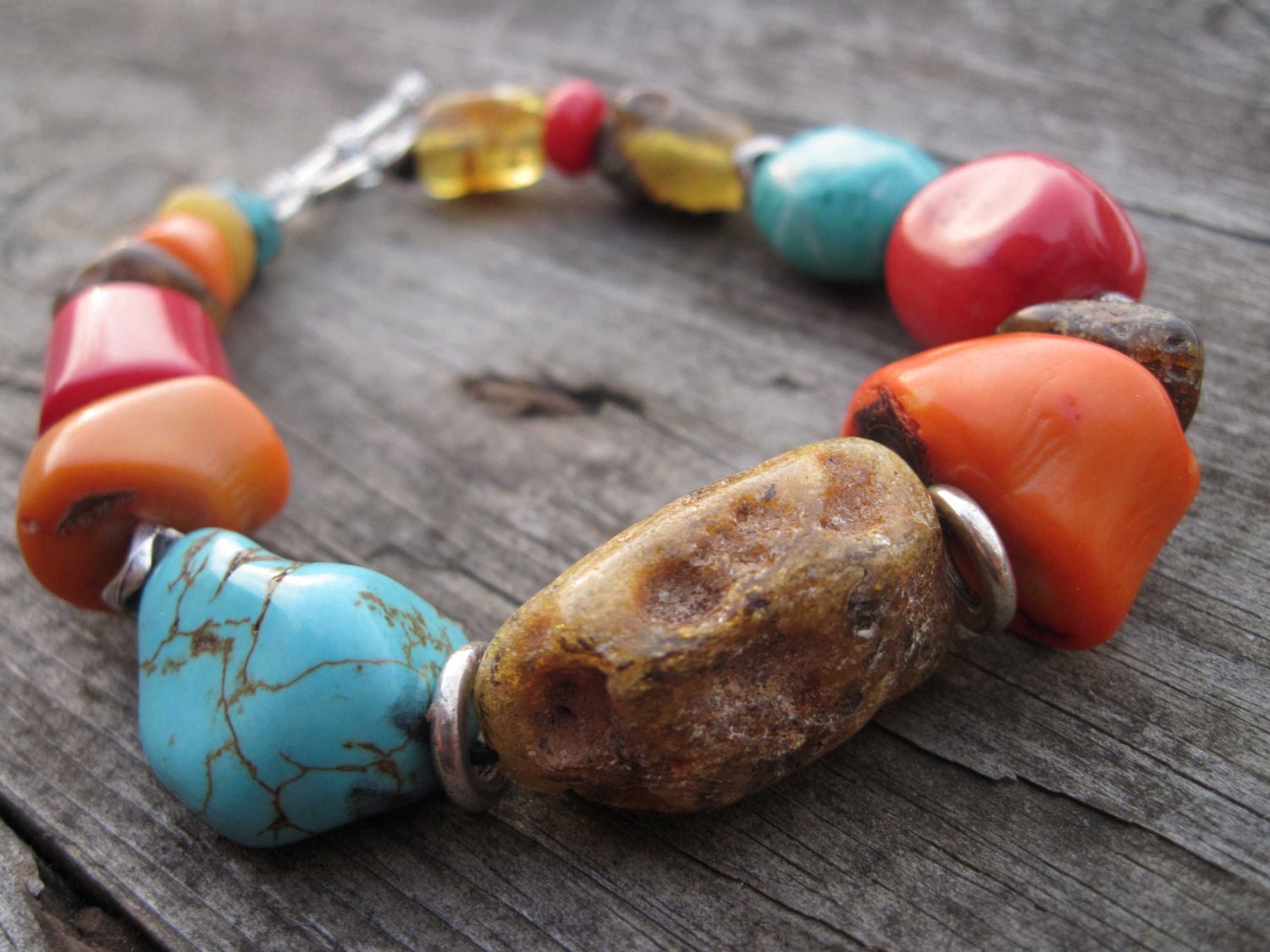 Raw Stone Bracelet Spring Fashion Jewelry Amber Coral Turquoise Teal Blue Orange Chunky Natural Gemstone Toggle African Statement Piece OOAK