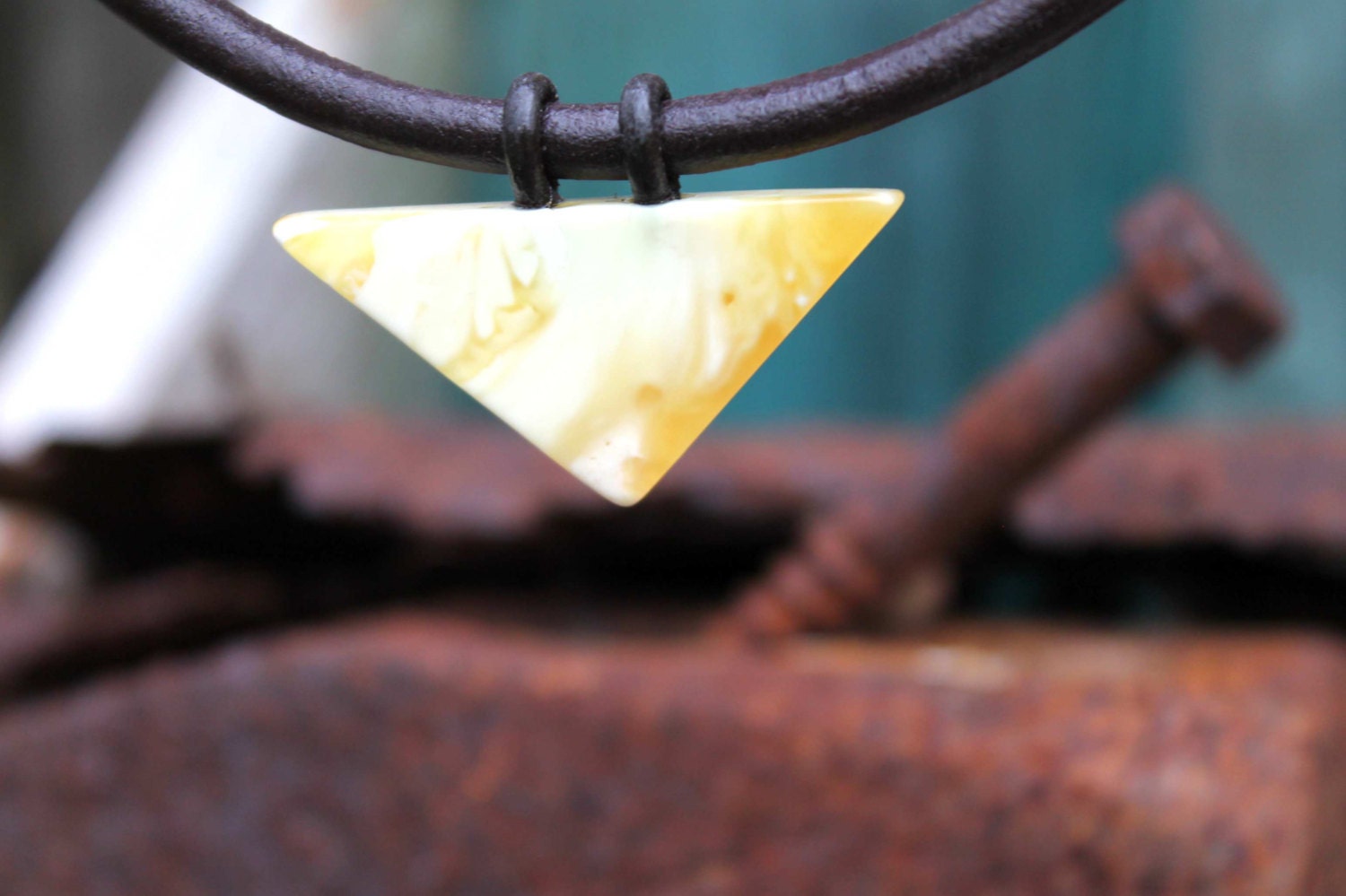 Geometric Pendant For Men White Amber Leather Necklace Arrowhead Triangle Butterscotch Unisex Jewelry Minimalist Pure Natural Zen