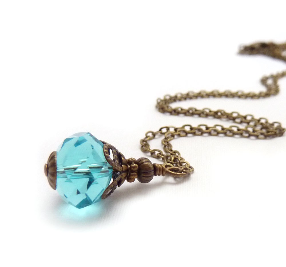 Delicate Aqua Necklace, Wire Wrapped Faceted Crystal, Petite Elegant, Vintage Style Bronze, Dainty Jewelry, Bridal Jewelry
