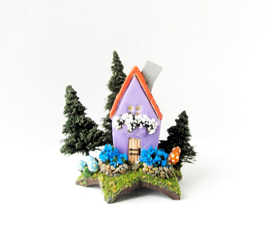 Gabriella's Fairy House Upon a Star - Miniature Lavender House with Stone Walls, Flowering Bushes, Mushrooms and Pine Trees