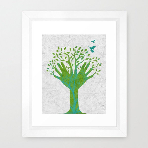 Giving Tree Framed Artist Signed Print Home Decor Nature Trees Leaves Spring Green Aqua Blue Birds Hands Namaste Botanical
