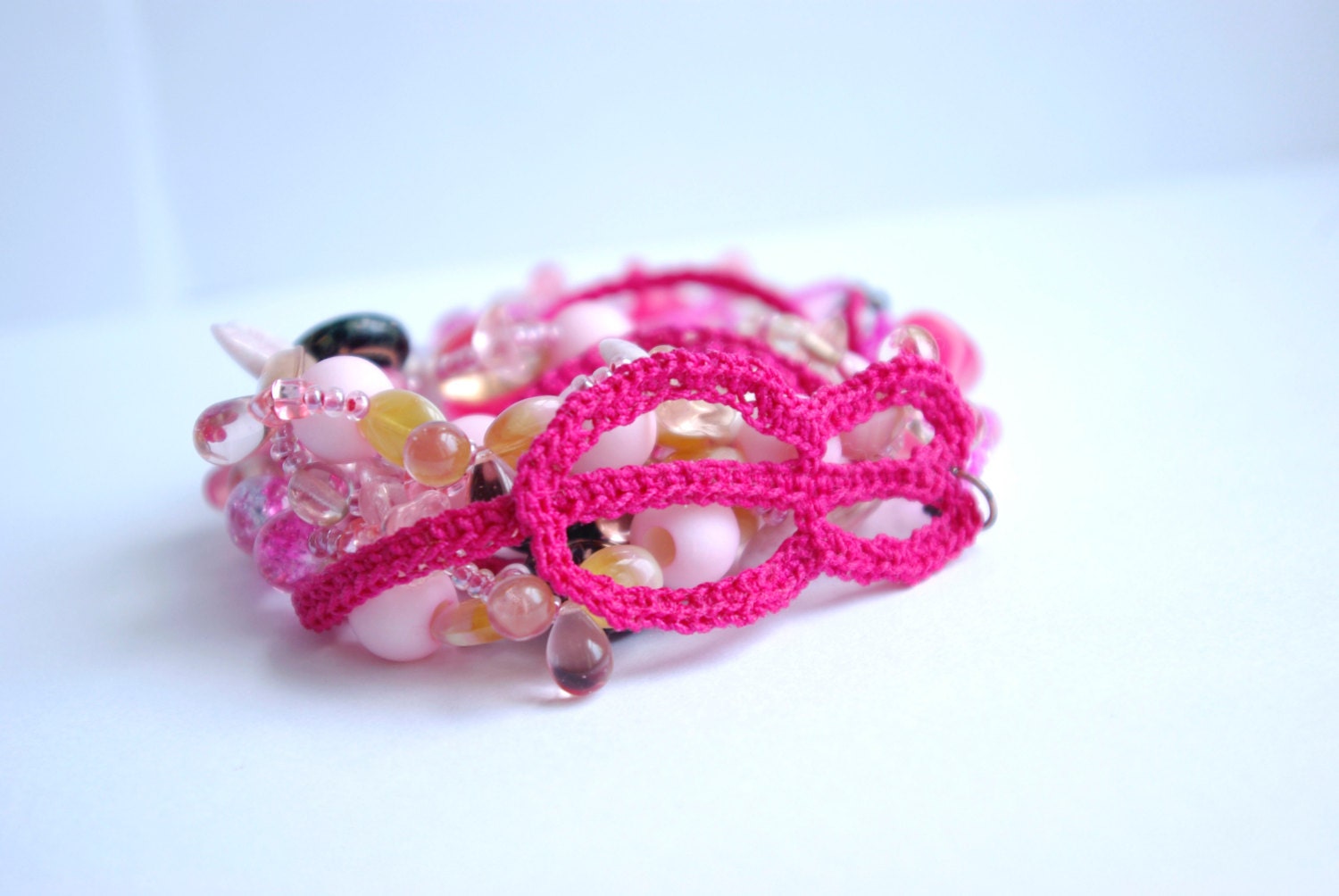 Hot Pink Necklace, Crochet Necklace with Beads, Bead Crochet Necklace, Crochet Necklace Jewelry, Light Pink Necklace, Crochet Bead Jewelry